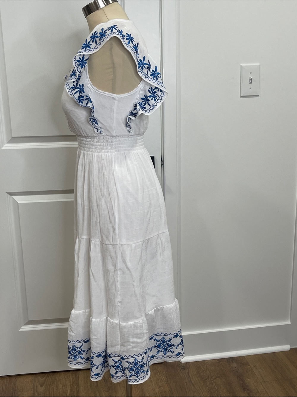 White Midi Dress with Blue Embroidered Trim - Picture 2 of 5